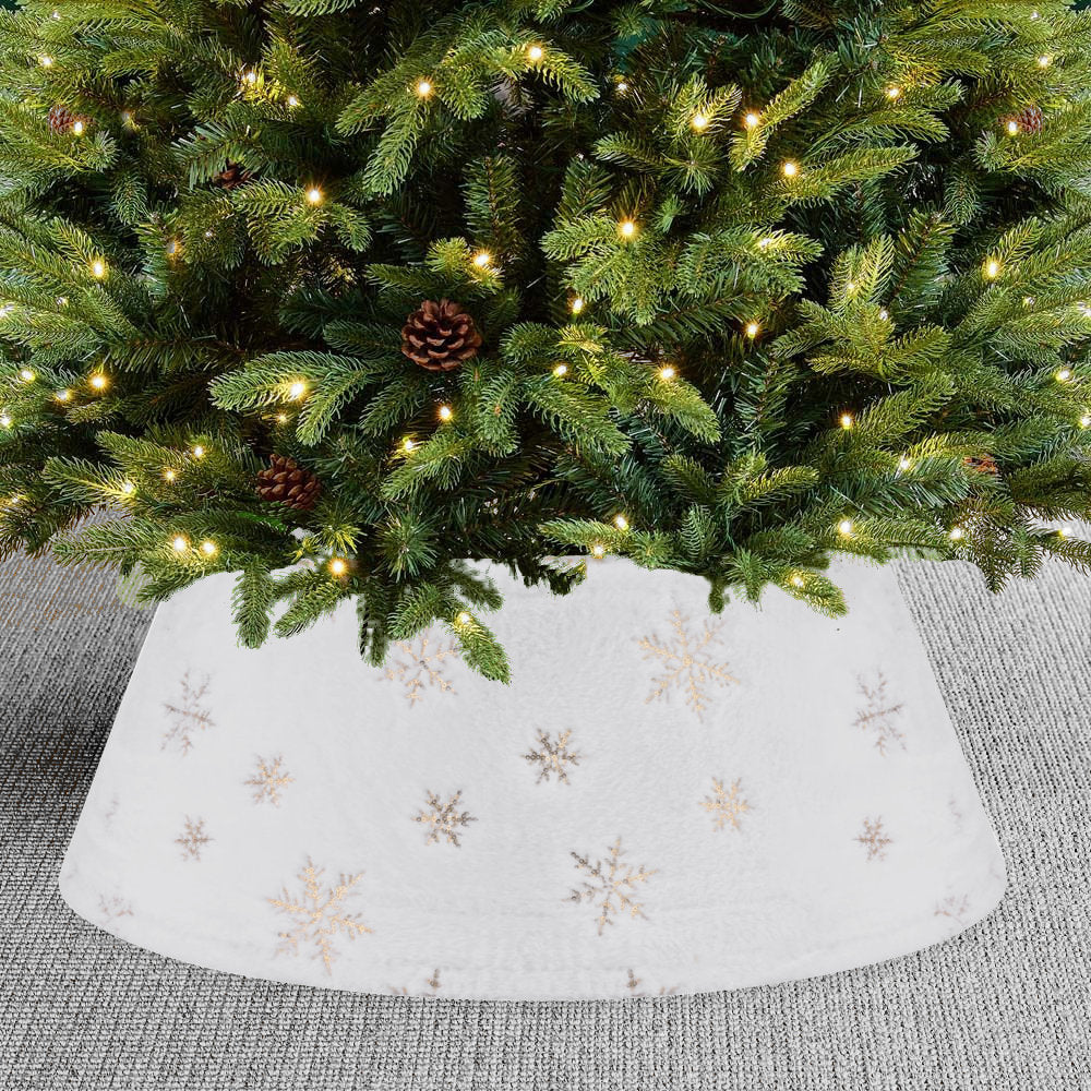 White Plush Christmas Tree Skirt with Gold Snowflake Design