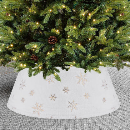 White Plush Christmas Tree Skirt with Gold Snowflake Design