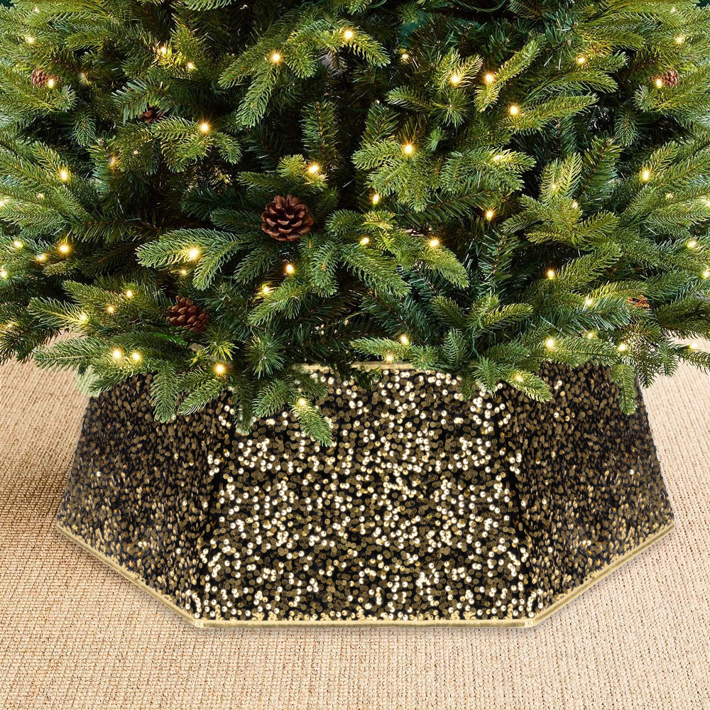 Hexagonal green gold sequin Christmas tree skirt