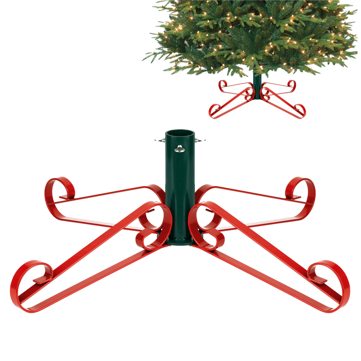 Artificial Christmas Tree Stand Metal Scroll Leg  - Red & Green